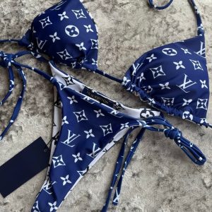 Blue and white reversible bikini